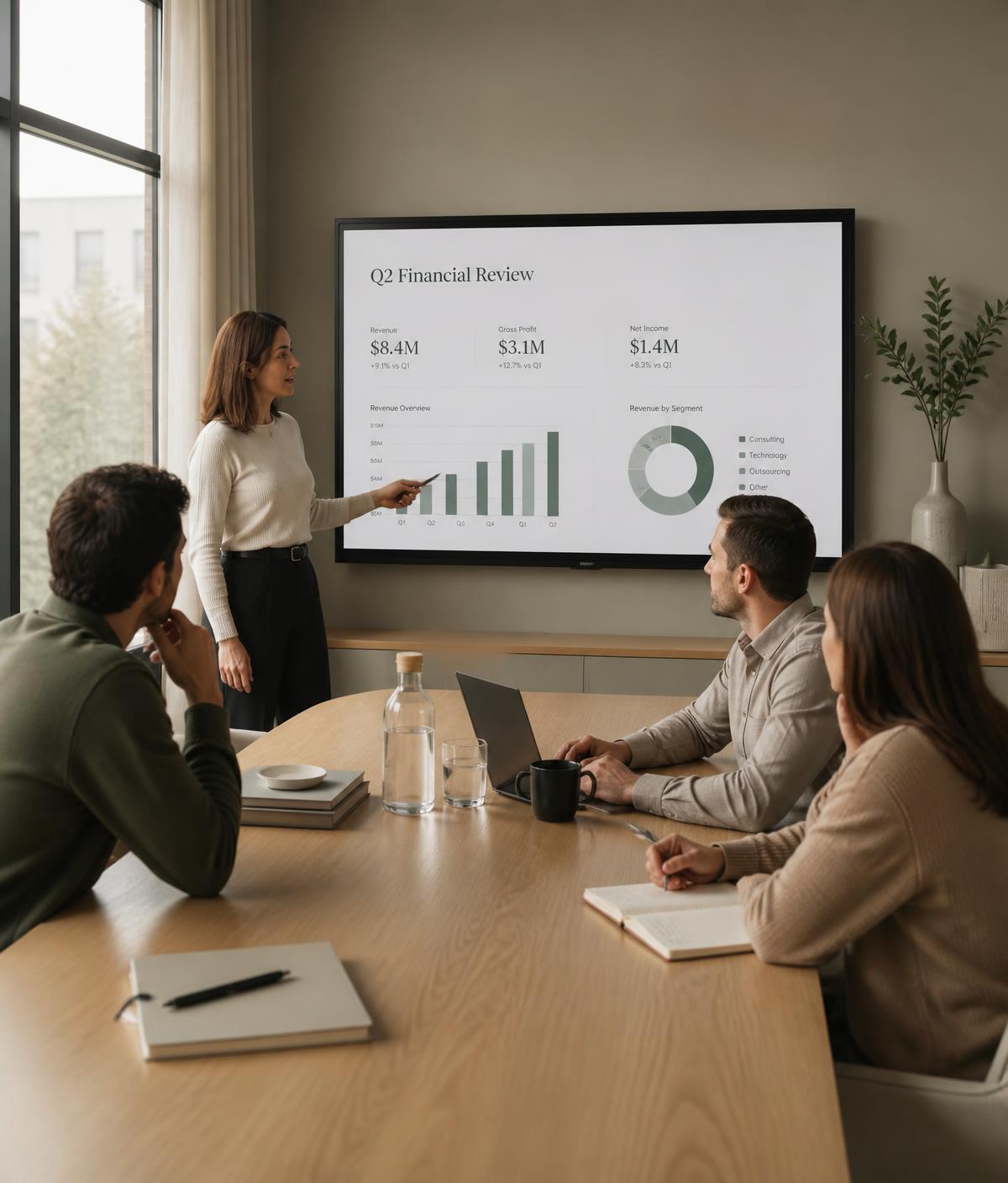 Equipe analisando dados de desempenho financeiro em uma sala de reunião minimalista